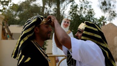 Couple marrying in ancient Egyptian ritual