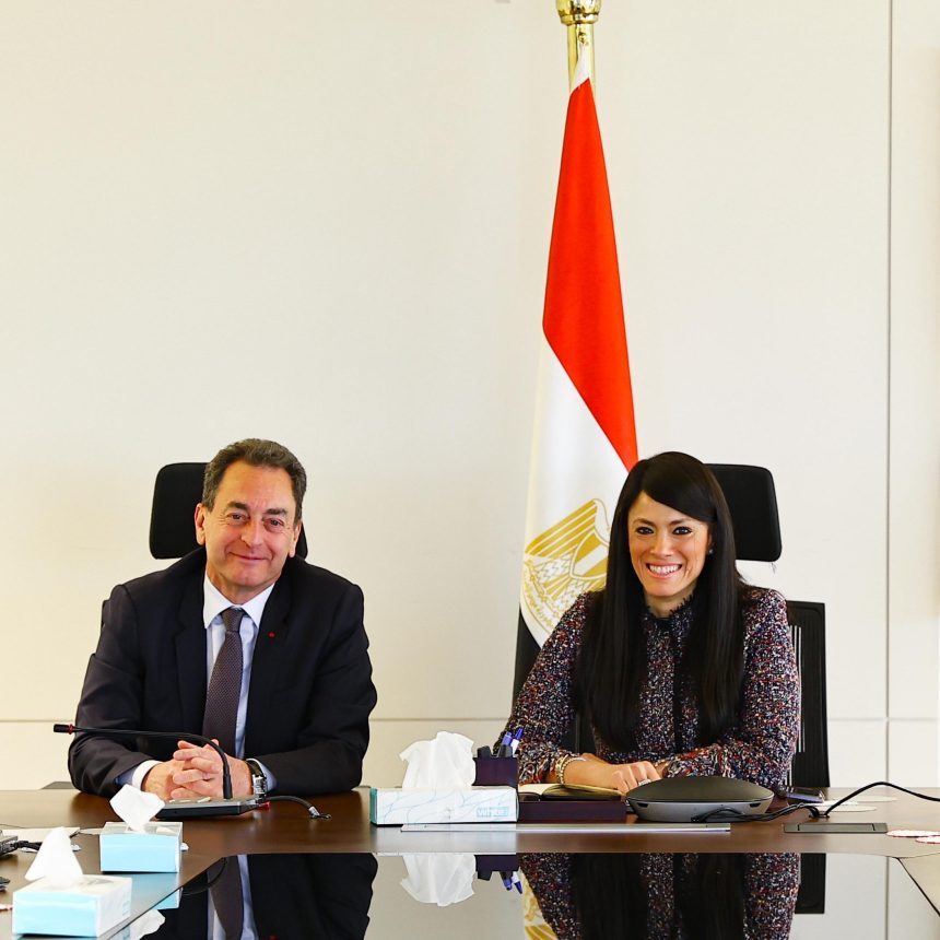 French Ambassador to Cairo Eric Chevalier with Egyptian Minister of Planning, Economic Development, and International Cooperation Rania Al-Mashat