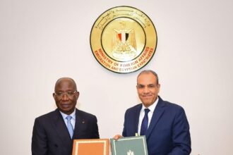 Egyptian Foreign Minister Badr Abdelatty with his Ivorian counterpart, Léon Kacou Adom