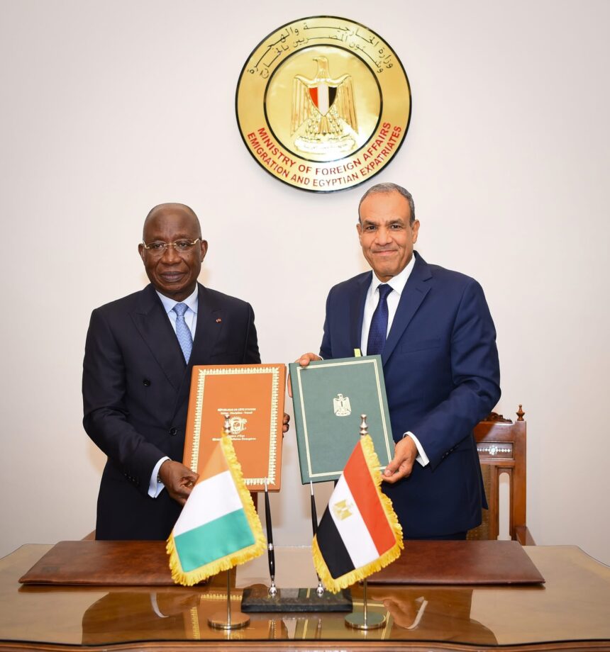 Egyptian Foreign Minister Badr Abdelatty with his Ivorian counterpart, Léon Kacou Adom