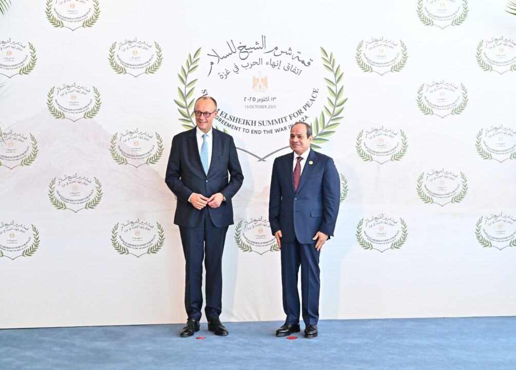 Egyptian President Abdel Fattah Al-Sisi with German Chancellor Friedrich Merz on Monday on the sidelines of the Sharm El-Sheikh Peace Summit