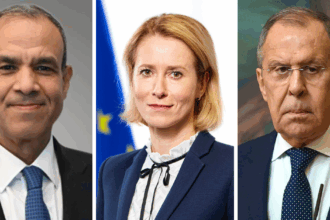 (From L to R) Egyptian Foreign Minister Badr Abdelatty, European Union's foreign policy chief, Kaja Kallas and Russian Foreign Minister Sergey Lavrov