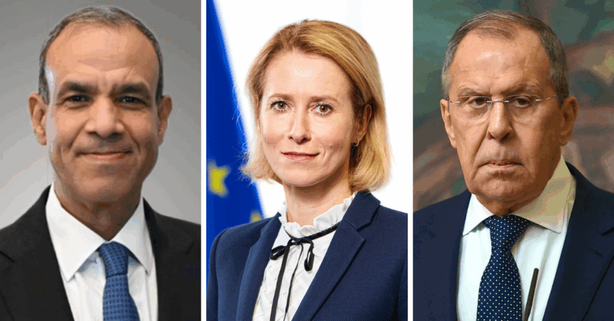 (From L to R) Egyptian Foreign Minister Badr Abdelatty, European Union's foreign policy chief, Kaja Kallas and Russian Foreign Minister Sergey Lavrov