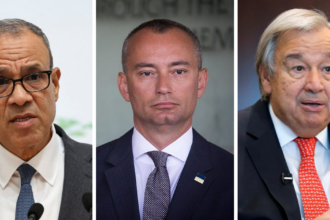 (from L to R) Egyptian Foreign Minister Badr Abdelatty , Gaza Representative Nickolay Mladenov and UN Secretary-General António Guterres