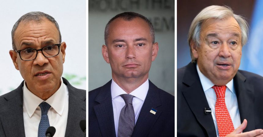(from L to R) Egyptian Foreign Minister Badr Abdelatty , Gaza Representative Nickolay Mladenov and UN Secretary-General António Guterres