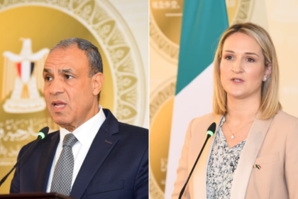 Egyptian Foreign Minister Badr Abdelatty (L) and Helen McEntee, Ireland’s Minister for Justice, Trade and Defence (R)