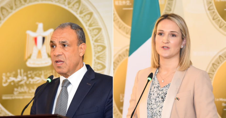 Egyptian Foreign Minister Badr Abdelatty (L) and Helen McEntee, Ireland’s Minister for Justice, Trade and Defence (R)