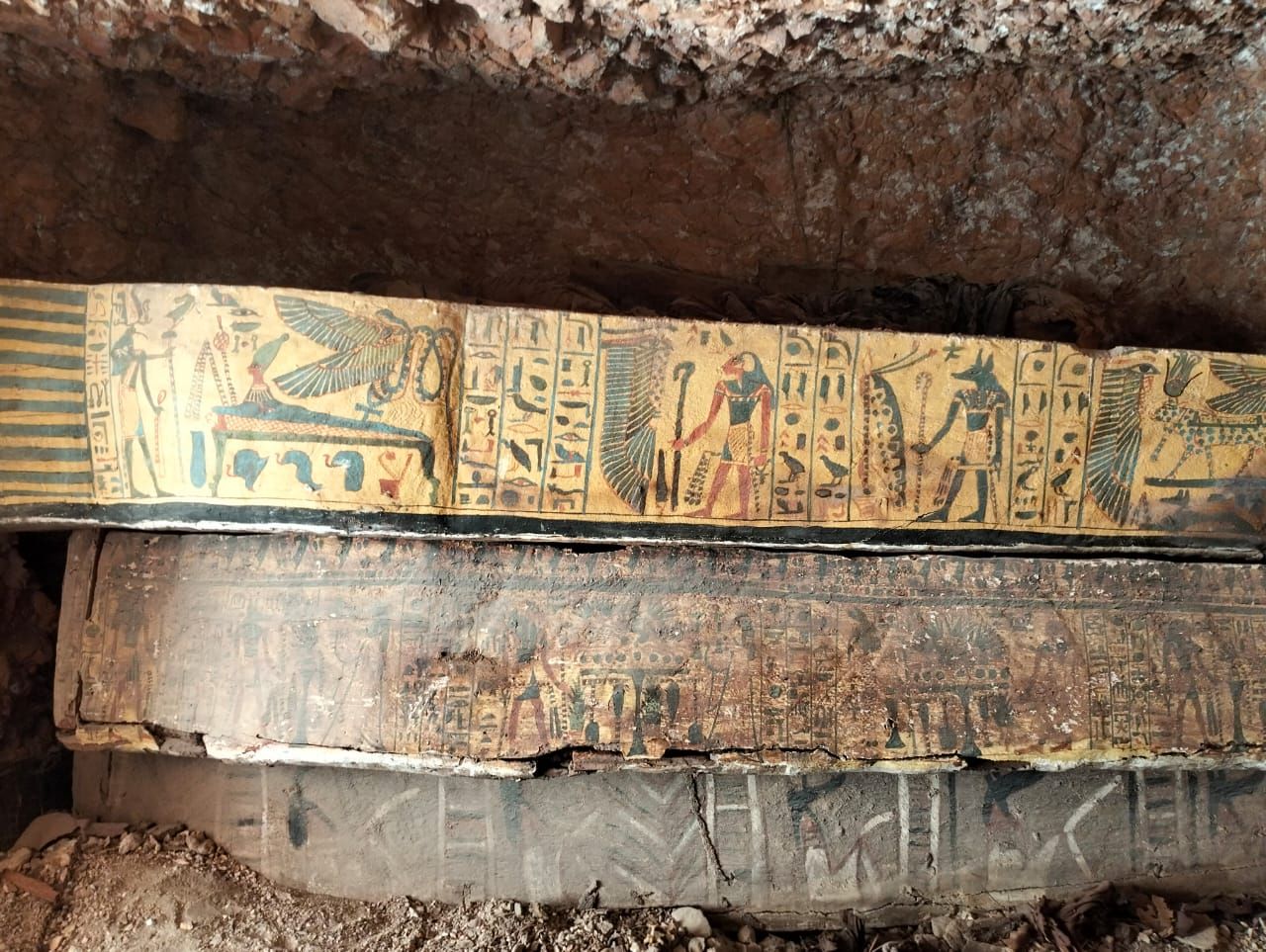 Egypt uncovers cache of coloured coffins of Amun chanters in Luxor