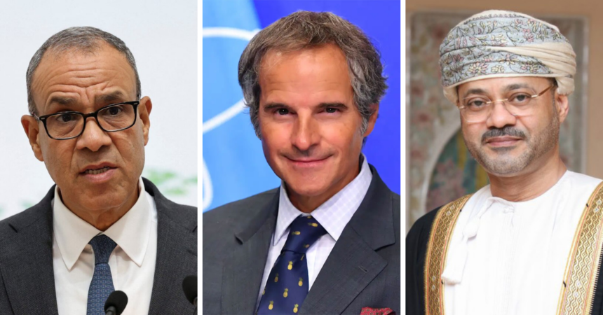 (From L to R) Egyptian Foreign Minister Badr Abdelatty, IAEA Director General Rafael Grossi and Omani Foreign Minister Badr Al-Busaidi
