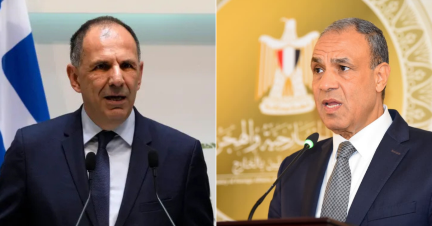 Egypt’s Foreign Minister Badr Abdelatty(R) and Greek Foreign Minister Giorgos Gerapetritis(L)