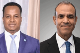 Somalia's Minister of Foreign Affairs Abdisalam Abdi Ali (L) and Minister of Foreign Affairs, International Cooperation and Egyptian Expatriates Badr Abdelatty (R)