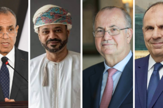 (from L to R ) Egyptian Foreign Minister Badr Abdelatty, Omani Foreign Minister Badr Albusaidi, Palestinian Prime Minister Mohammad Mustafa, and Greek Foreign Minister Giorgos Gerapetritis