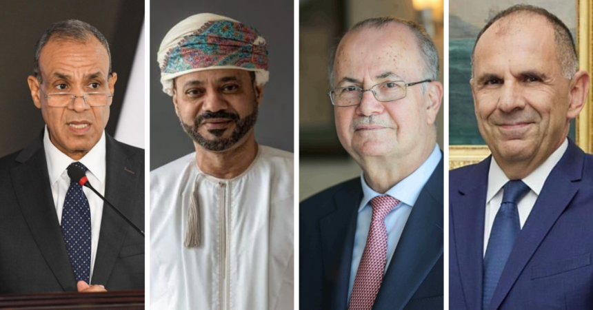 (from L to R ) Egyptian Foreign Minister Badr Abdelatty, Omani Foreign Minister Badr Albusaidi, Palestinian Prime Minister Mohammad Mustafa, and Greek Foreign Minister Giorgos Gerapetritis