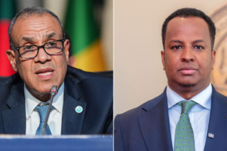 Egyptian Foreign Minister Badr Abdelatty (L) and Somali Foreign Minister Abdisalam Abdi Ali (R)