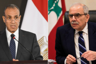 Egyptian Minister of Foreign Affairs and Emigration Badr Abdelatty (L) and Lebanese Prime Minister Nawaf Salam (R)