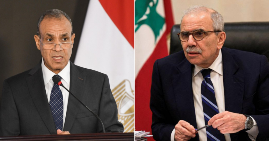 Egyptian Minister of Foreign Affairs and Emigration Badr Abdelatty (L) and Lebanese Prime Minister Nawaf Salam (R)