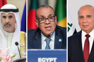 (from L to R) Kuwaiti Foreign Minister Sheikh Jarrah Jaber Al-Ahmad Al-Sabah, Egyptian Minister of Foreign Affairs, International Cooperation and Egyptian Expatriates Badr Abdelatty and Iraqi Foreign Minister Fuad Hussein