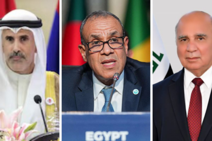 (from L to R) Kuwaiti Foreign Minister Sheikh Jarrah Jaber Al-Ahmad Al-Sabah, Egyptian Minister of Foreign Affairs, International Cooperation and Egyptian Expatriates Badr Abdelatty, and Iraqi Foreign Minister Fuad Hussein