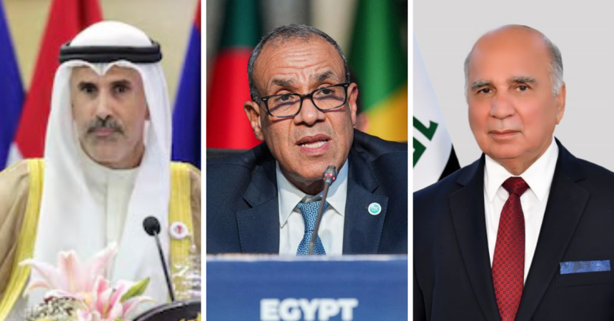 (from L to R) Kuwaiti Foreign Minister Sheikh Jarrah Jaber Al-Ahmad Al-Sabah, Egyptian Minister of Foreign Affairs, International Cooperation and Egyptian Expatriates Badr Abdelatty and Iraqi Foreign Minister Fuad Hussein