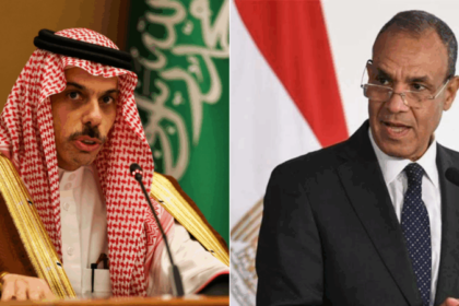 Minister of Foreign Affairs, International Cooperation and Egyptian Expatriates Badr Abdelatty (R) and Saudi Minister of Foreign Affairs Prince Faisal bin Farhan bin Abdullah Al Saud (L)