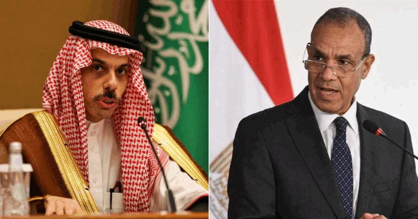 Minister of Foreign Affairs, International Cooperation and Egyptian Expatriates Badr Abdelatty (R) and Saudi Minister of Foreign Affairs Prince Faisal bin Farhan bin Abdullah Al Saud (L)