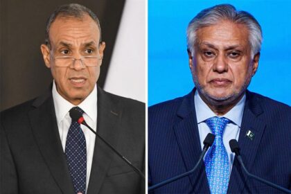 Egyptian Foreign Minister Badr Abdelatty (L) and Pakistani Deputy Prime Minister and Foreign Minister Mohammad Ishaq Dar (R)